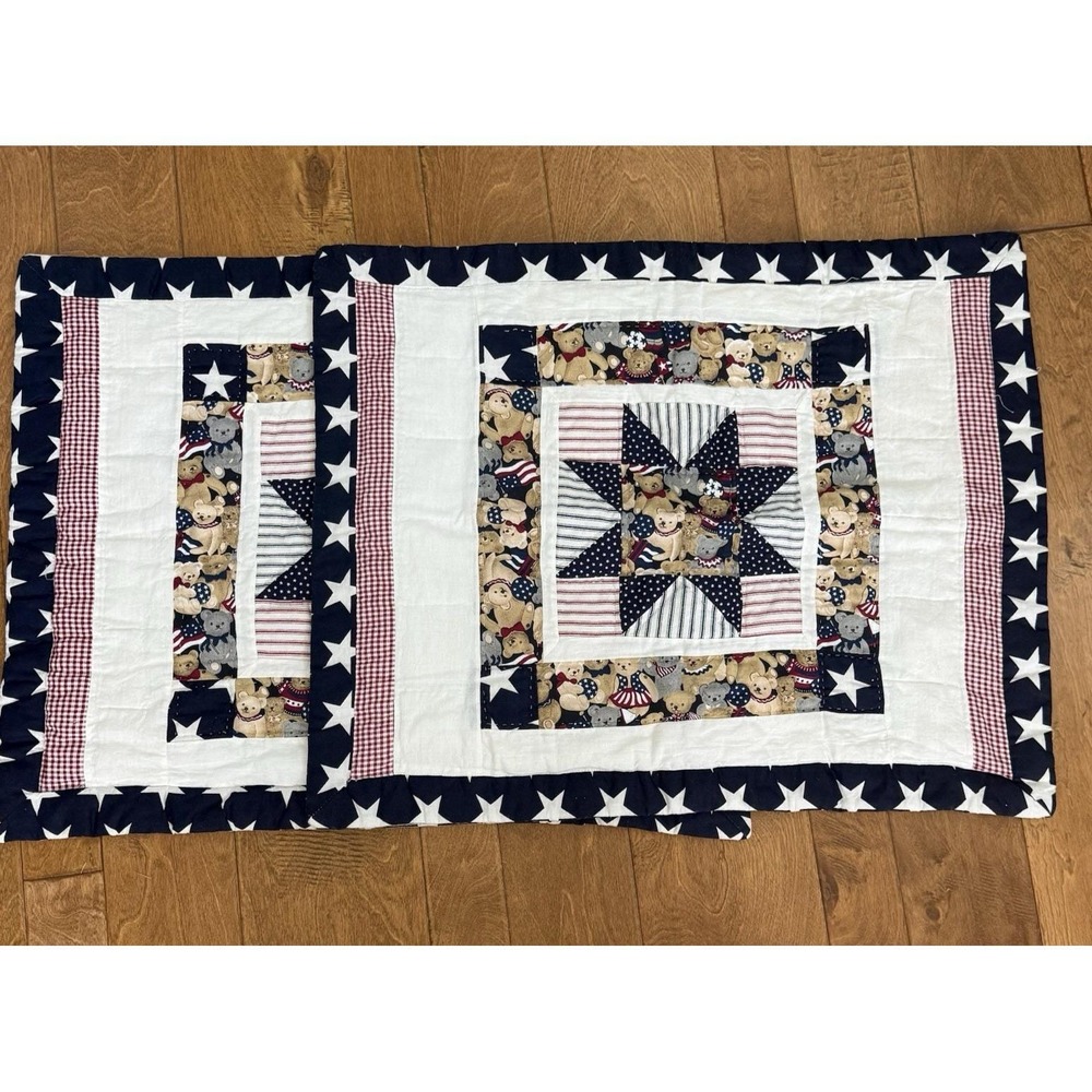 Vintage Pair Teddy Bear Quilted Pillow Shams Standard Americana Stars Ticking